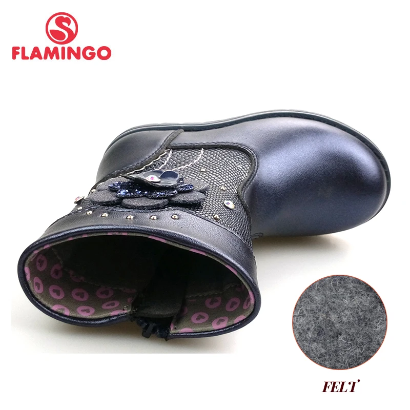 FLAMINGO Autumn Flower Decoration Mid-Calf Blue Bright Leather Anti-slip kids Shoe for Girl Size 23-28 Free Shipping 82C-XY-0990