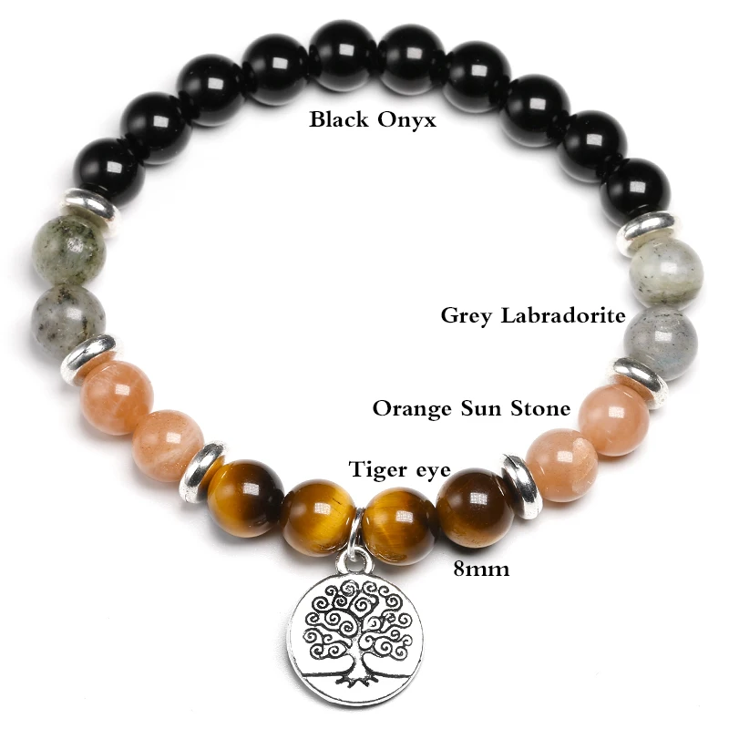 Natural Bright Black Onyx With Labradorite Beads Orange Sun stone Tiger eye Stone Bracelet Banagle Women Men Handmade Jewelry