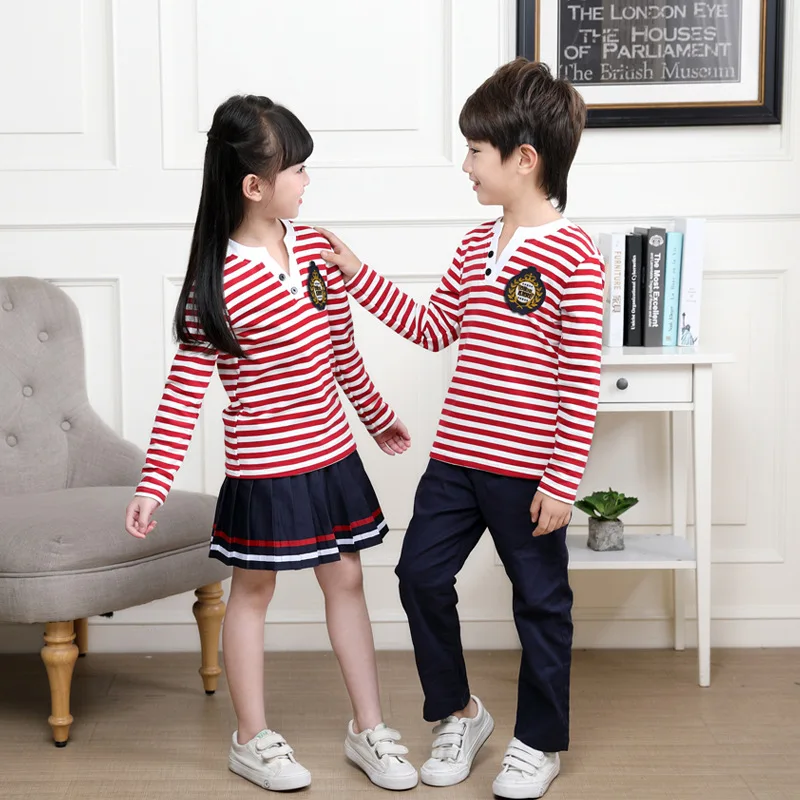 Kids Neutral Pink Striped School Uniform Boys Girls Summer Skirt Shirts Kindergarten Uniforms Children Nursery Suit D-0516