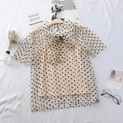 2PCS Women Summer Short Sleeve Lace Up Bandage Basic Bow Shirt New Casual Slim High Waist Pullover Polka Dot Chiffon Blouse Tops