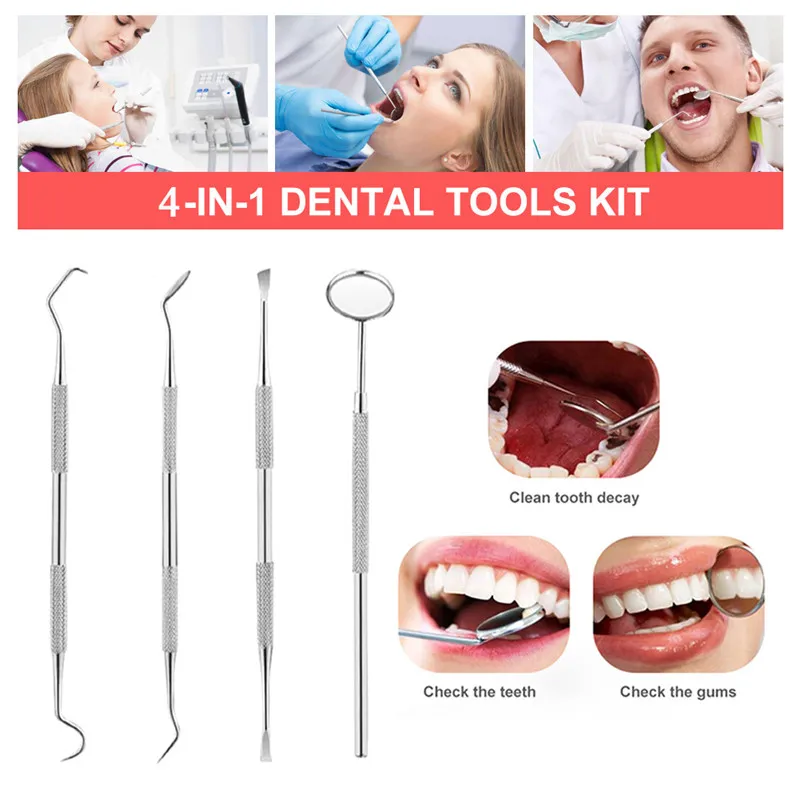4Pcs Teeth Whitening Kit Stainless Veneers for Teeth Dental Tools Dentist Sets Tooth Scraper Scaler Pick Set Mirror Instruments