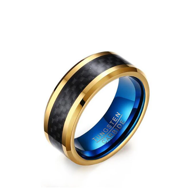 8MM Blue Tungsten Carbide Rings for Men Jewelry with Black Gold Color Carbon Fiber