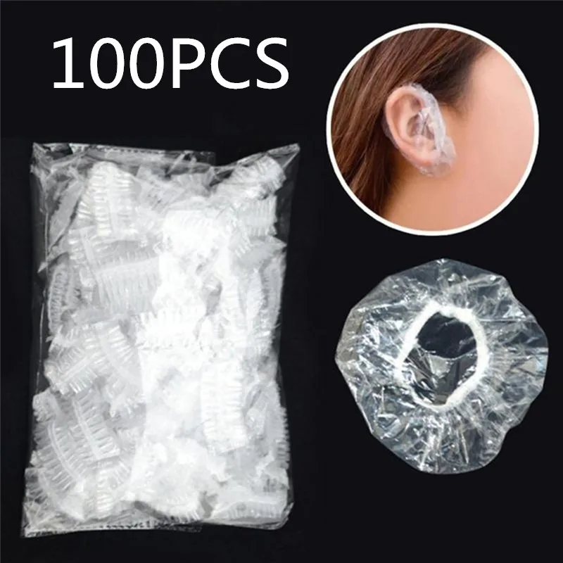 100 unids/lote cubierta de oído desechable bonito salón de belleza profesional orejeras transparentes ducha impermeable tinte de pelo tapones de la