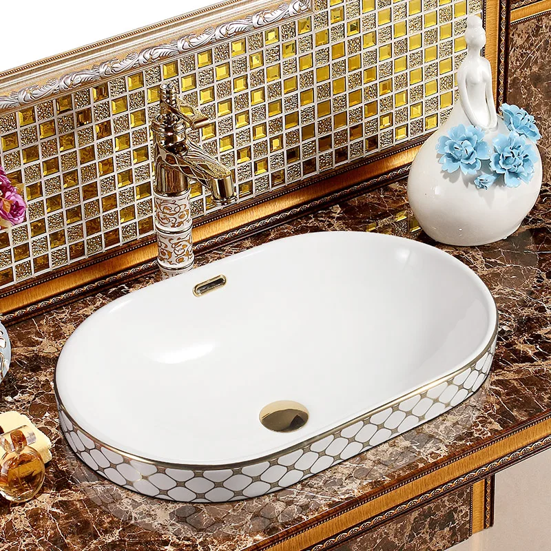 Chinese silver/gold  Mosaic Ceramic oval Semi Countertop Bathroom Sink Art Basin With Overflow rectangular ceramic sink