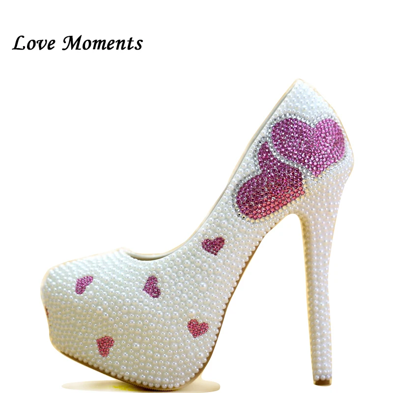 Love Moments NEW white pearl wedding shoes waterproof bride round toe wedding shoe dress shoes big size High Heels shoe Woman