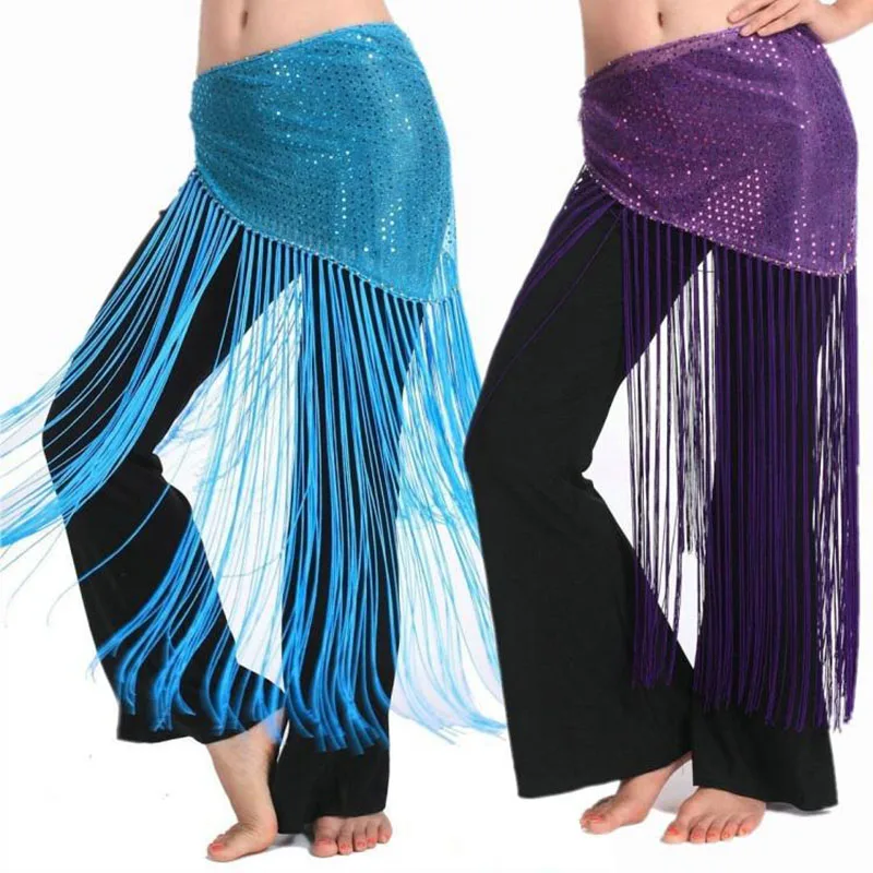 Women Sexy Belly Dance Sequin Long Belts Beautiful Wrap Fringes Belt Skirt Belly Dancing Tassel Hip Scarf Bellydance Triangle