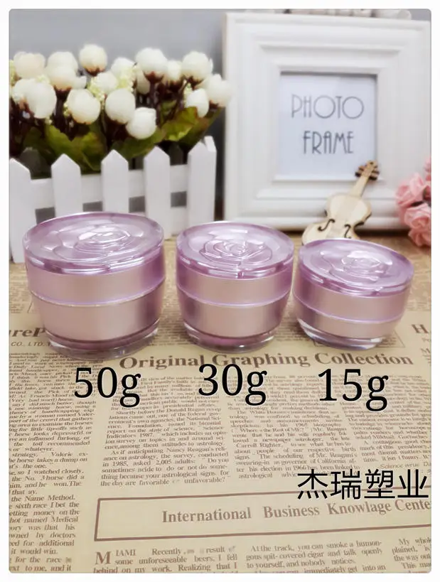 

50pcs 30 grams pink plastic cosmetics jars with rose lid, 30g plastic jar containers,1 ounce acrylic cream jars wholesale