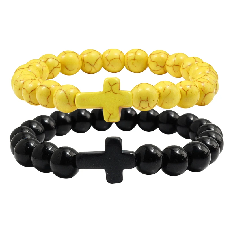 Trendy Mens Black Bracelet Natural Stone Yellow Beaded Handchain Jesus Cross Bracelets&Bangles Women Jewelery Lover Accessories