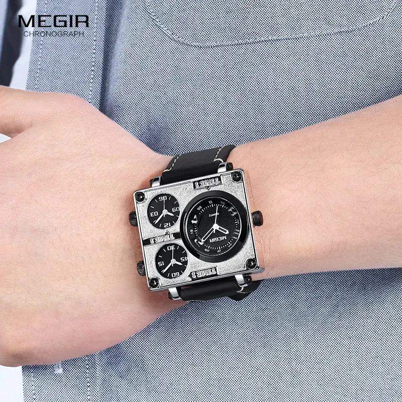 MEGIR Multi Time Zones Quartz Watches Men Top Brand Luxury Relogios Masculino Square Dial Leather Army Sport Wristwatch Man2069g