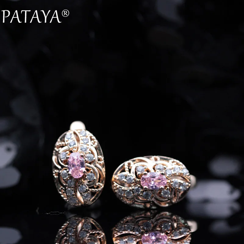 PATAYA 328 Anniversary 585 Rose Gold Color Oval Micro Wax Inlay Natural Zircon Dangle Earrings Women Wedding Party Jewelry