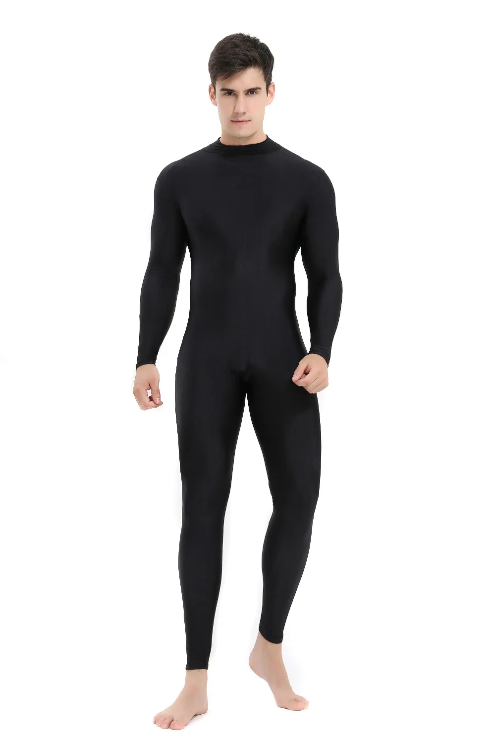 Speerise Mens Black Turtleneck Spandex Long Sleeve Unitard Unisex Full Length Ballet Bodysuit Footless Dancewear Costum