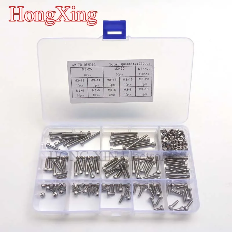 

240pcs/Set M3 Screws Nuts Kits Set Stainless Steel Hex Head Socket Screws and Nuts Assortment Hexagon Socket Head Cap Screws