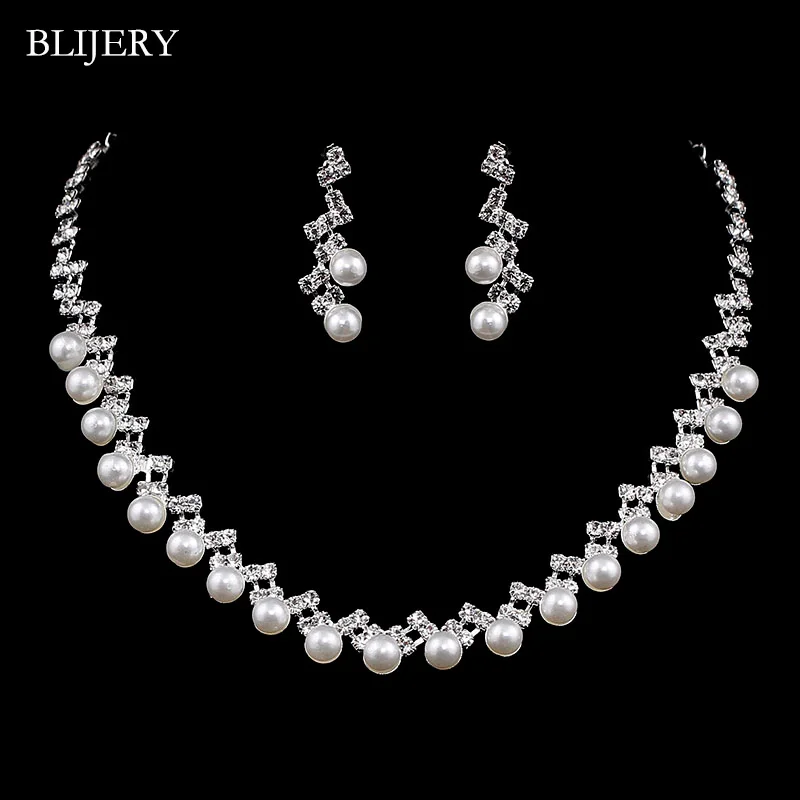 BLIJERY Waving Shape Bridal Jewelry Sets Silver Color Simulated Pearl Crystal Necklace Earrings Sets Women Wedding Jewelry Sets