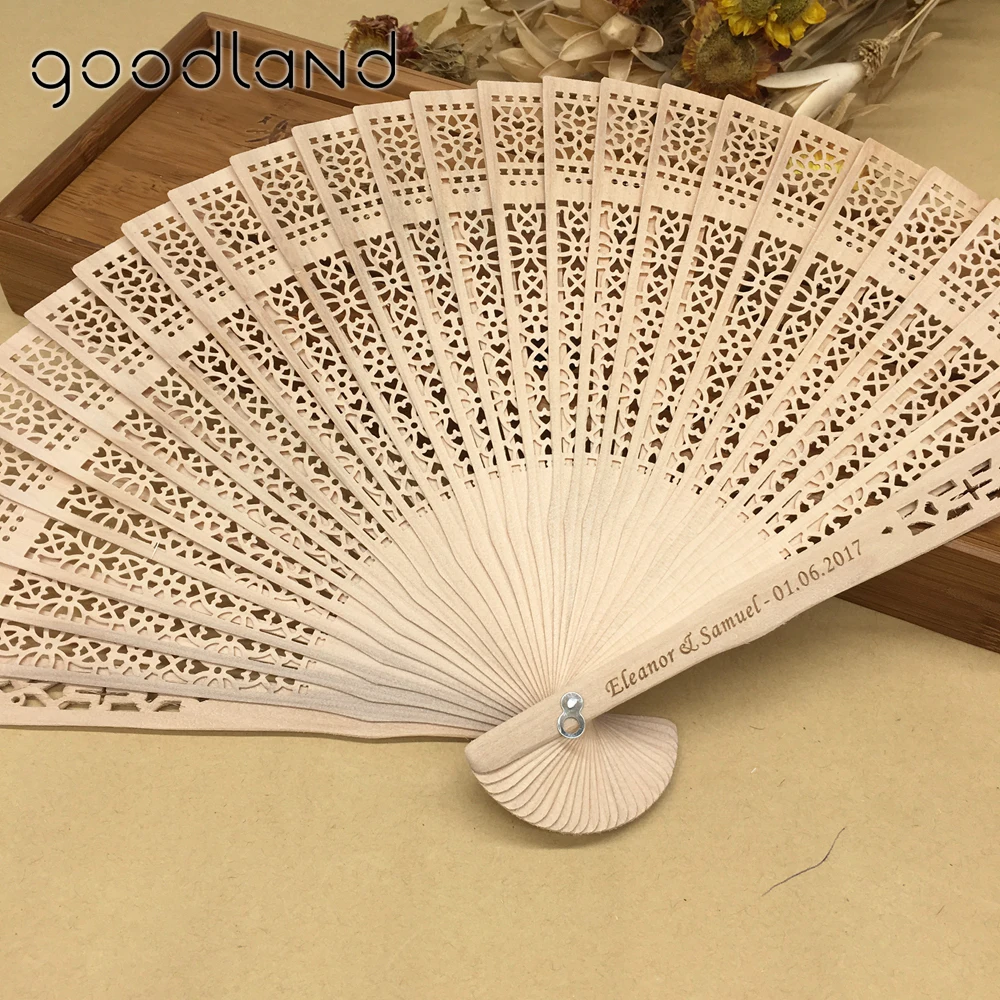 Free Shipping 50pcs/Lot Personalized Printing Text Wood Hollow Carved Chinese Hand Fan Organza Bag wedding favors and gifts