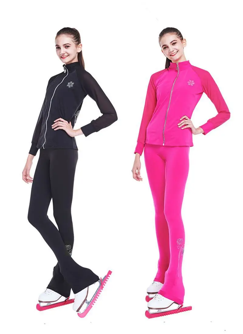 Kundenspezifische Figur Skating Anzüge Jacke und Hosen Lange Hosen für Mädchen Frauen Ausbildung Ice Skating Warm schwarz rosa Mesh hülse