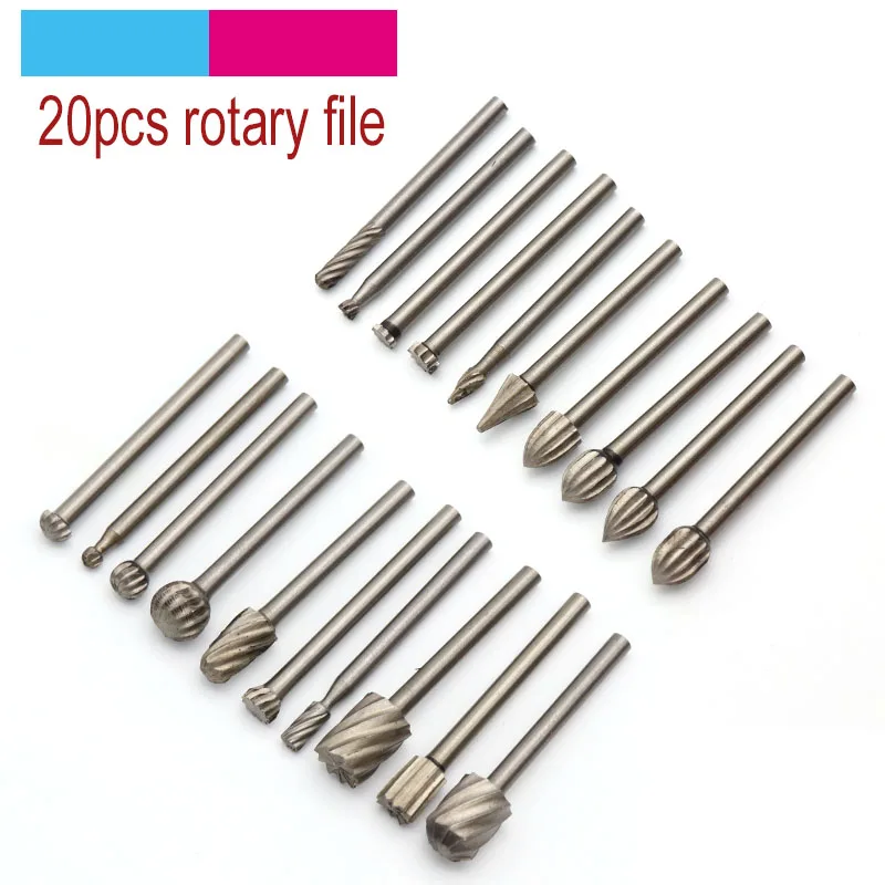 20 pçs 3.1mm haste moedor elétrico hss arquivos rotativos rebarba conjunto de rebarbas rotativas para metal macio plástico madeira moagem escultura rasp