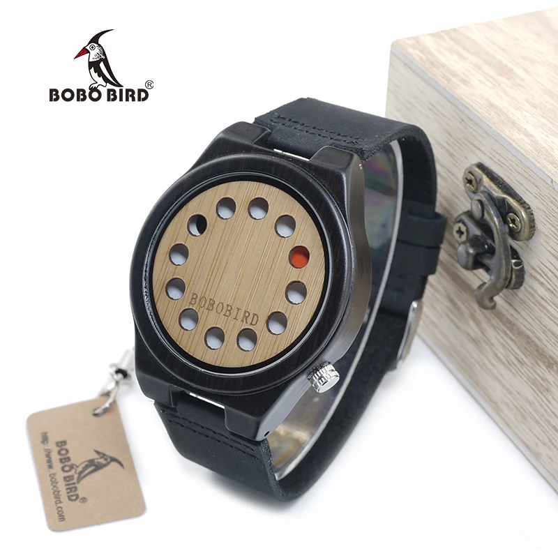 BOBO BIRD WB17 Mens Watches Top Brand Luxury Black Sandalwood Bamboo 12 Holes Display Watches With Real Leather Band Customized