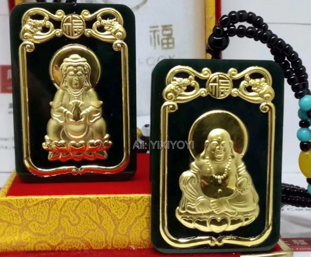 

Charming Natural Black Green Hetian Jade + 18K Gold Inlaid Chinese GuanYin Buddha Lucky Pendant + free Necklace Fine Jewelry