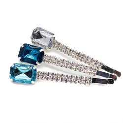 1 Pair Trendy Hair Accessories Luxury Sky Blue Crystal Bling Hair Barrette Square Stone Rhinestone Hair Clips For Women Girls