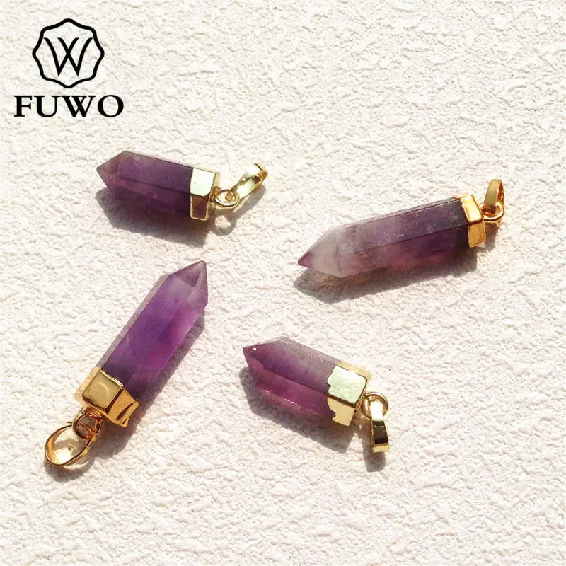 FUWO Wholesale Natural Amethysts Point Pendants,Bullet Shape Purple Crystal Accessories For Women DIY Jewelry Making 5Pcs PD117