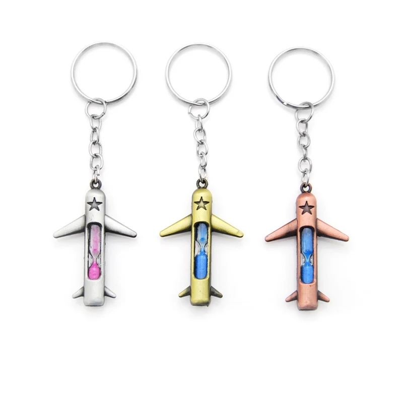 Vintage Hourglass Sand Airplane Key Chain For Men Metal Fighter Keychain On School Bag Boys Jewelry Boyfriend Party Gift