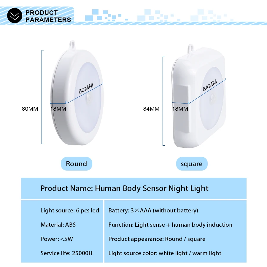 PIR Infrared Motion Sensor Night Light New Battery Novelty Round Square Magnetic/Hanging Lighst Bedroom/Wall/Cabinet/Stairs Lamp