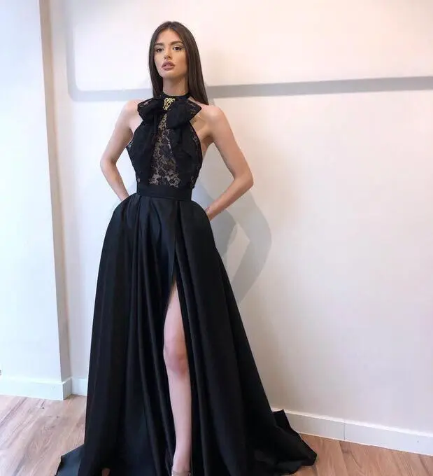 

Fashion Vestidos De Formature O Neck Sleeveless Lace Pleated Thigh High Slit Prom Dresses 2020