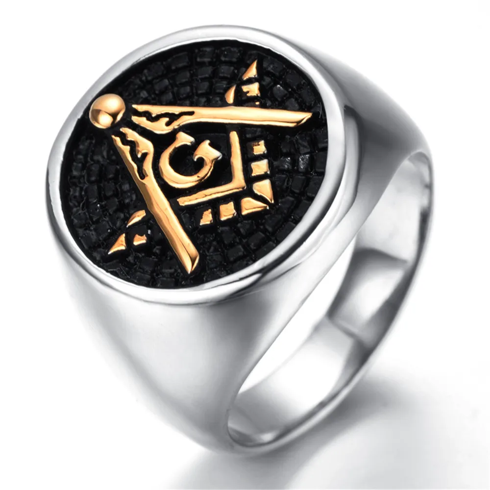 Mens Black Gold Embossed Stamped Freemason Masonic Ring  Stainless Steel Ring New