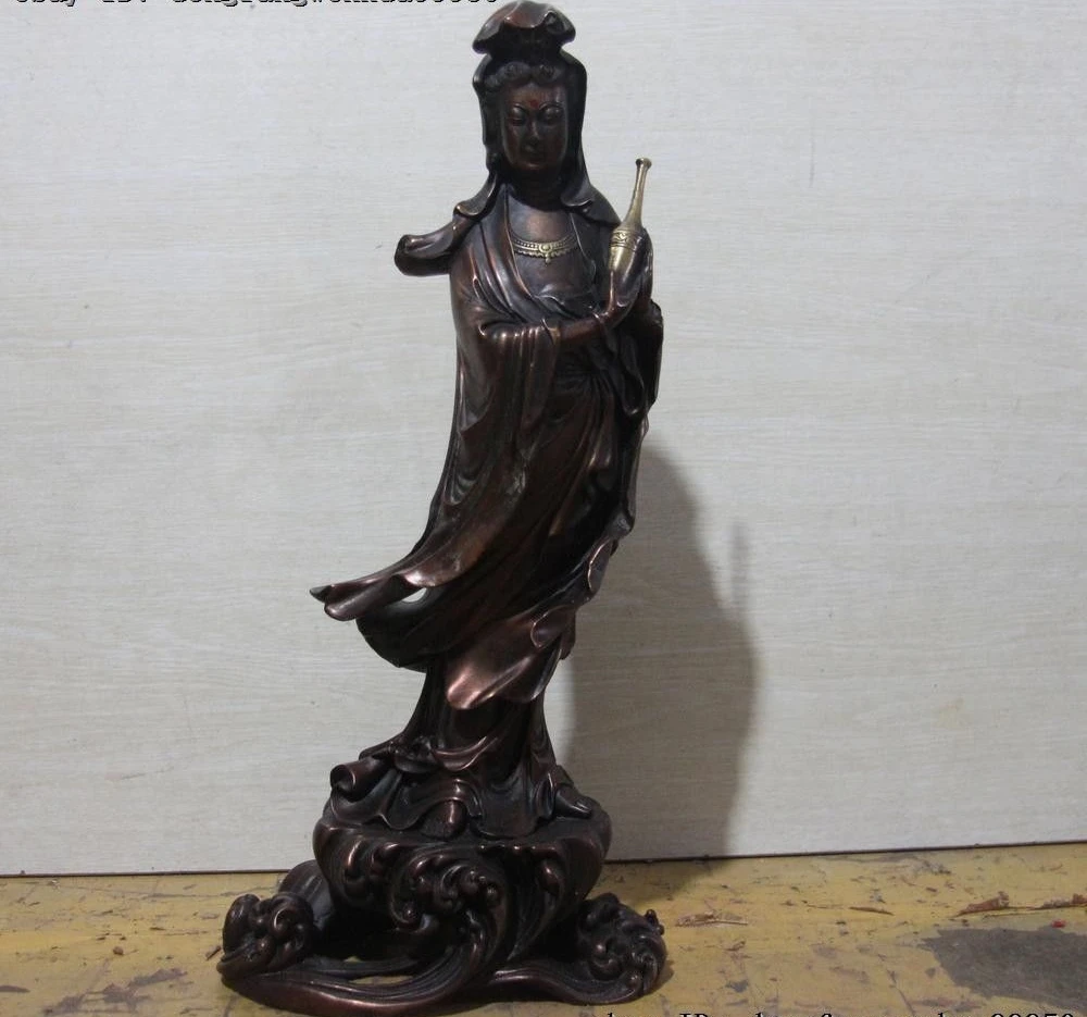 China Copper Bronze Kwan-yin Guanyin Goddess Hold Vase Bodhisattva Buddha Statue