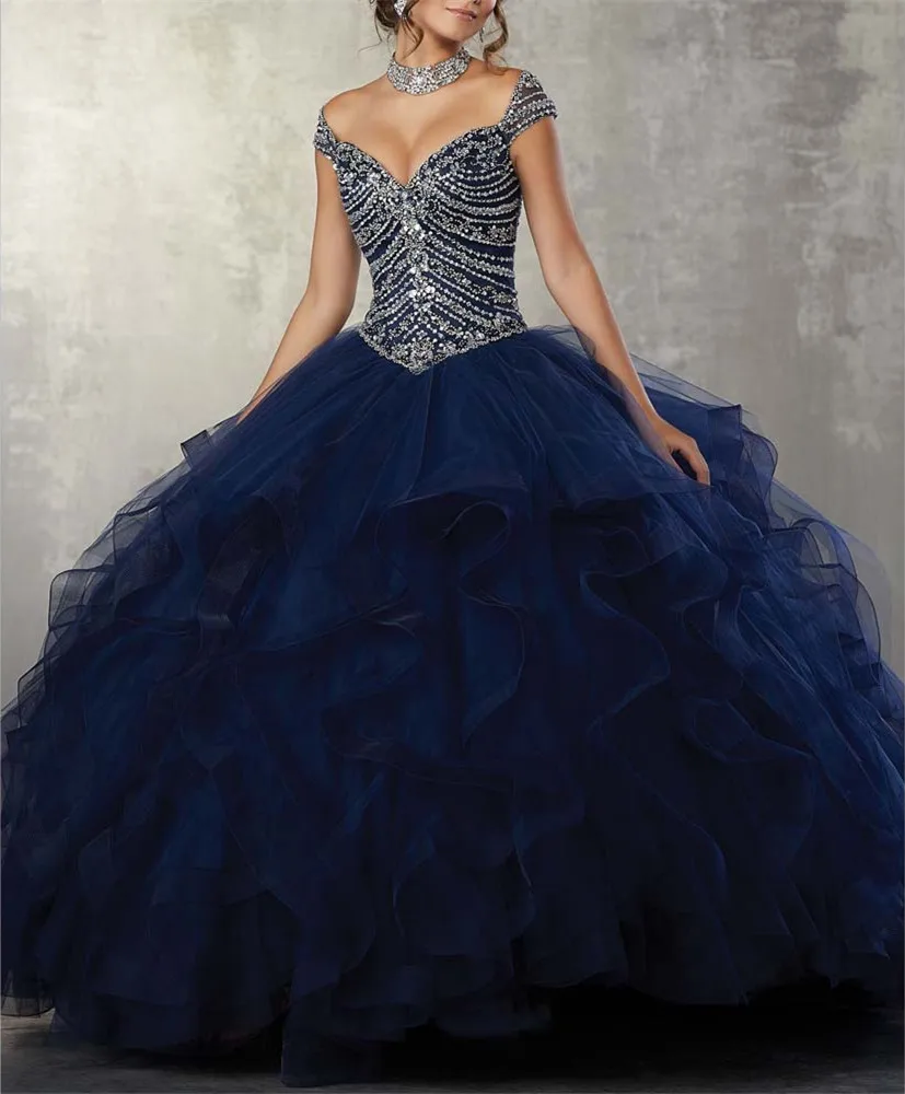 JaneVini-vestido de quinceañera azul marino, traje de baile elegante con cuello en V, cuentas pesadas, volantes, tul hinchado, 15 años, 2019