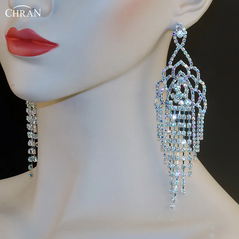 CHRAN Classic Flower Design Luxury Wedding Jewelry Silver Plated Rhinestone Chandelier Drop Long Tassels Big Earrings for Women