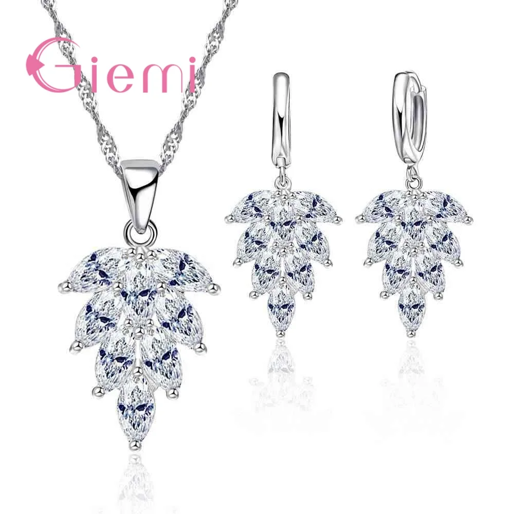 Free Ship Shiny Leaf Jewelry Cubic Zircon Set 925 Sterling Silver  Pendant Necklace & Stud Earrings Sets for Women