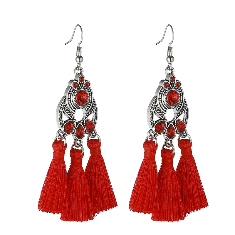 Fashion Bohemian Crystal Tassel Earrings Black White Blue Red Pink Silk Fabric Long Drop Tassel Earrings For Women Jewelry Gift