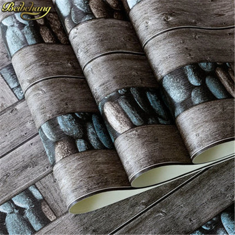 beibehang European Vintage wood plank cobblestone Wall Paper for Living Room board wood Wallpapers Roll home improvement stone