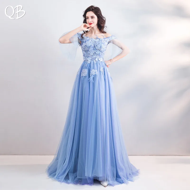 Blue Cap Sleeve A-line Tulle Lace Flowers Beaded Long Formal Elegant Evening Dresses Bride Banquet Party Prom Dress XS05