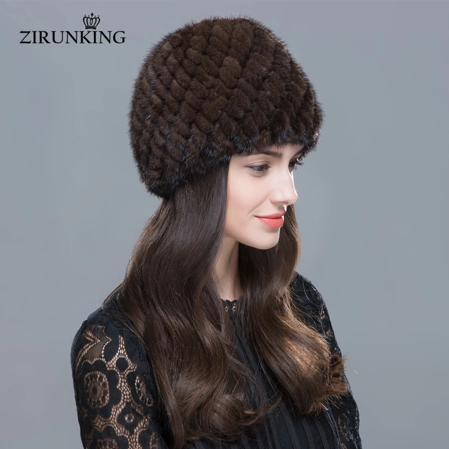 

ZIRUNKING Winter Female Warm Real Mink Fur Hats Women High Quality Casual Fur Caps Hand-Sewn Classic With Wool Lining ZH1607