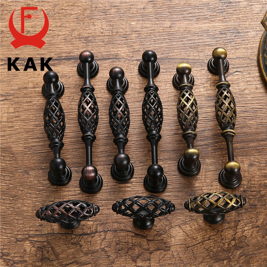 KAK Vintage Antique Bronze Cabinet Handles Hollow Out Birdcage Cabinet Pulls Drawer Knobs Wardrobe Door Pullers Furniture Handle