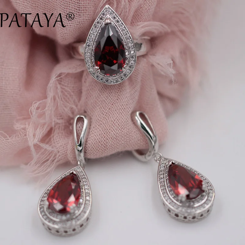 PATAYA True White Gold Color Wedding Jewelry Big Green Water Drop Natural Zircon Earrings Ring Set Women Luxury Trendy Jewelry