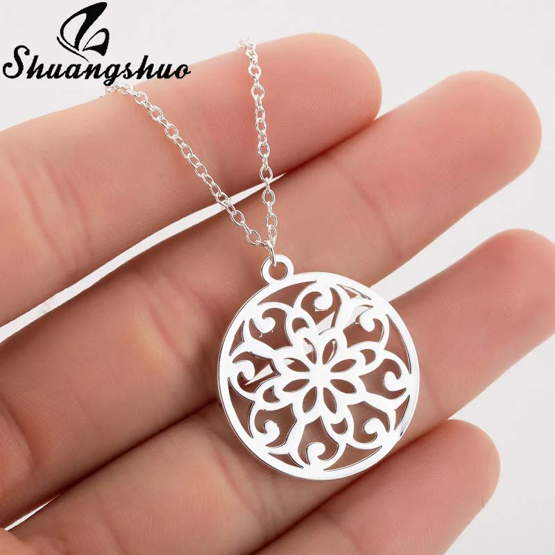 Shuangshuo Mandala Flower Necklace For Women Chokers Stainless Steel Plant Flower Pendants Circle Necklaces Jewelry Femme