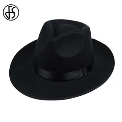 FS Unisex Black Gray Brown Wool Hats Fedora Men Trilby Wide Brim Felt Hat For Women Jazz Cap Panama Autumn Winter Gentleman Hat