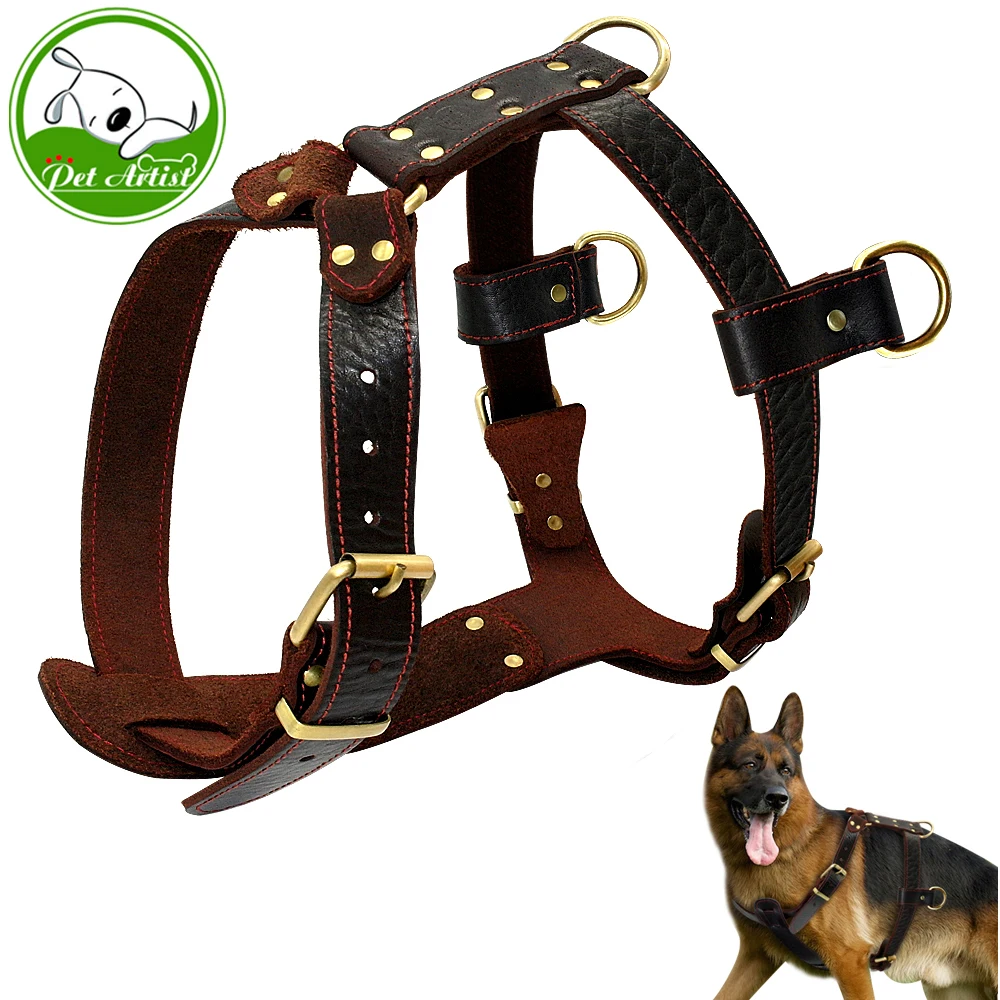 Soft Genuine Leather Dog Harness Medium Large Dogs Durable Vest Adjustable Straps Chest 23-34.5\'\' Brown Walking Pet Harnesses XL