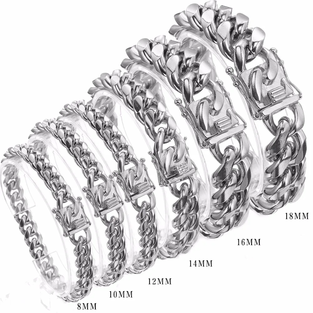 

New 8/10/12/14/16/18mm 316L Stainless Steel Silver color Polished Miami Cuban Curb Link Chain Men Women Bracelet 7-11" Bangles