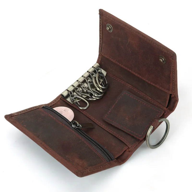 Men Vintage Key Holder Organizer Wallet Genuine Leather Women Key Bag With Zipper Coin Purse