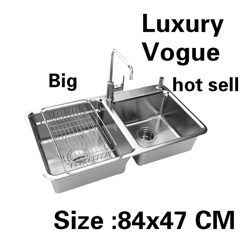 

Free shipping Standard individuality big kitchen sink food grade 304 stainless steel double trough hot sell 84x47 CM