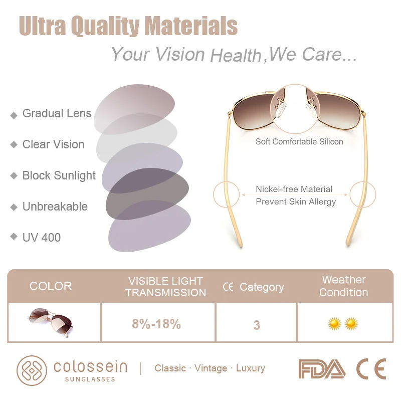 Colossein-ヴィンテージの女性用サングラス,超軽量運転パイロットスタイルのサングラス,ゴールドフレーム,uv400