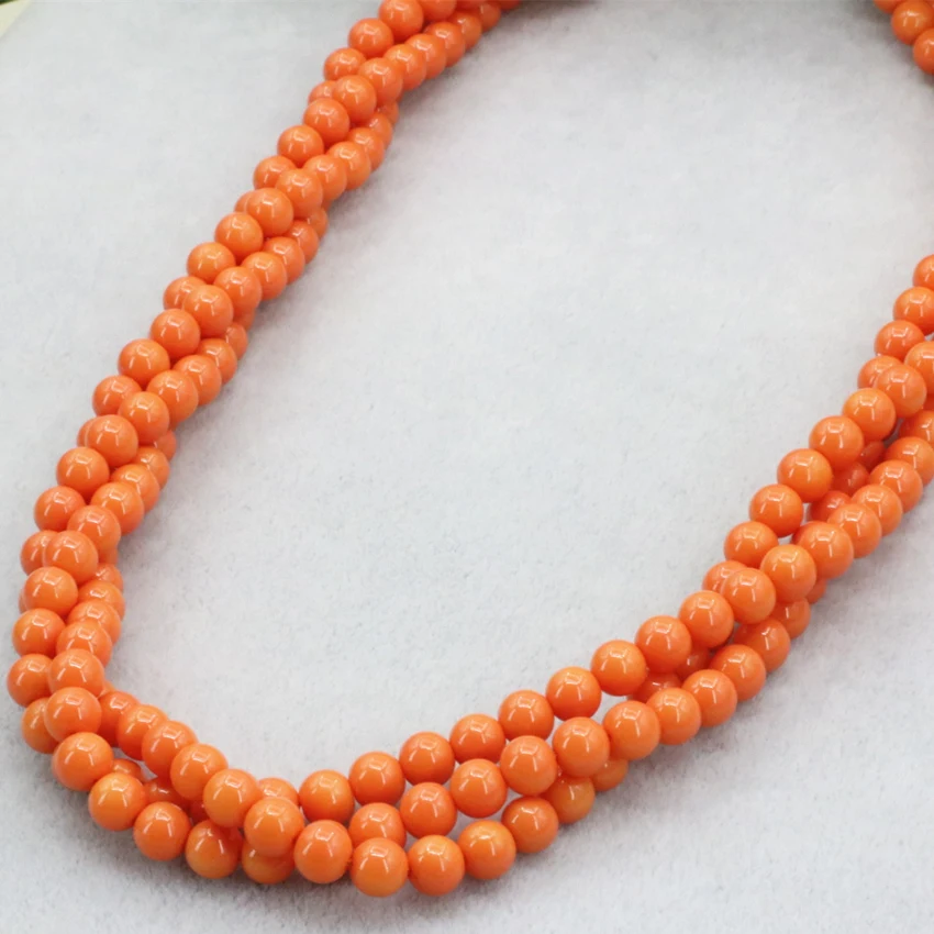 3 rows winding chain necklace for women 6mm orange artificial coral round beads high quality gifts jewelry 18inch B3184