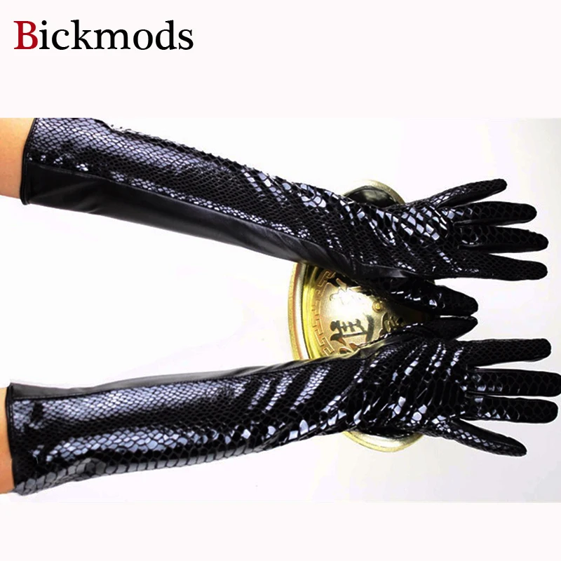 New Crocodile Pattern Long Sheepskin Leather Gloves Women Elbow Velvet Lining Autumn Winter Warm Arm Cover Black