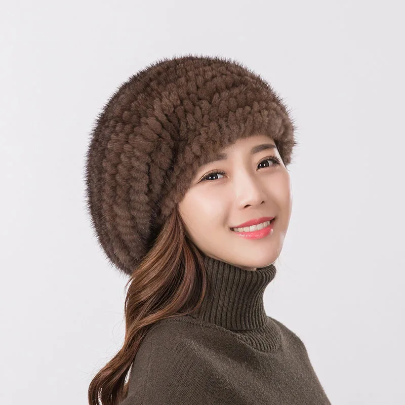 Women\'s fur beret hat high quality mink knitted hat Fashion warm mink velvet knitted fur beret cap