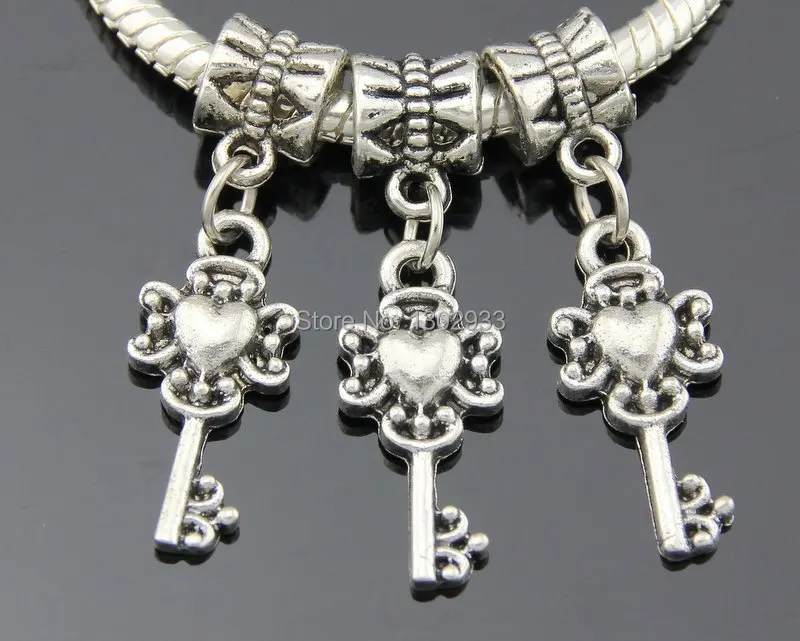 50 pcs / Lot 5style Mix Vintage Silver Color Key Dangle Charms Jewelry Findings Beads For European Charm Bracelet ZYY024