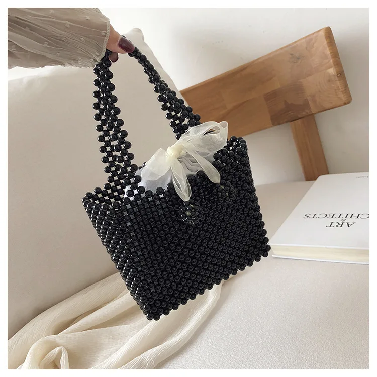 Handmade Women\'s Pearl Bag Hand-knitted Beaded Handbag Bead Shoulder Crossbody Bag Evening Clutches Purses Ladies Hand Bags